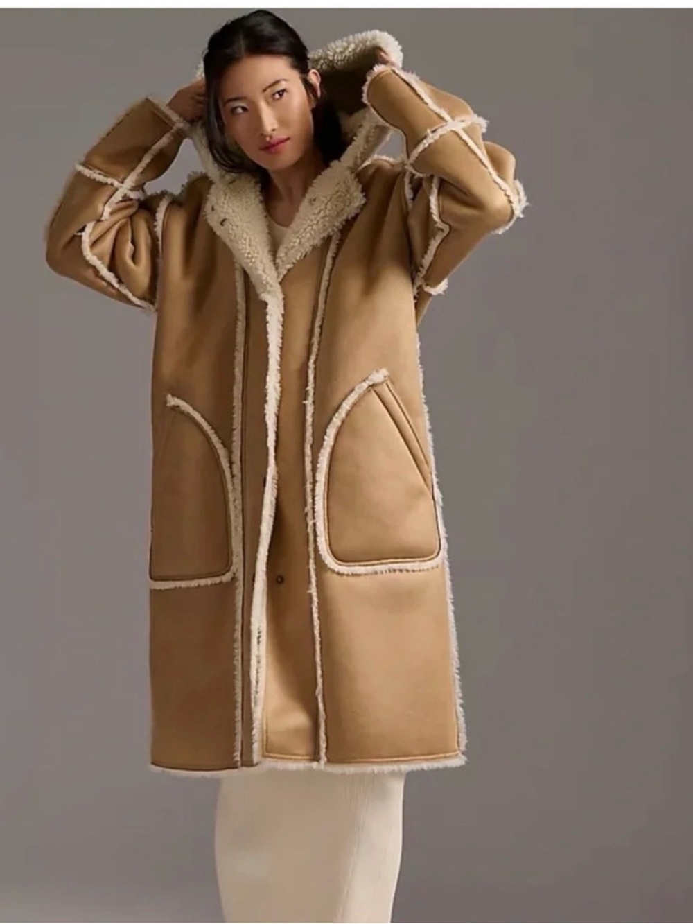 Anthropologie Pilcro Reversible Hooded Sherpa Coat Tan/Cream 1X
